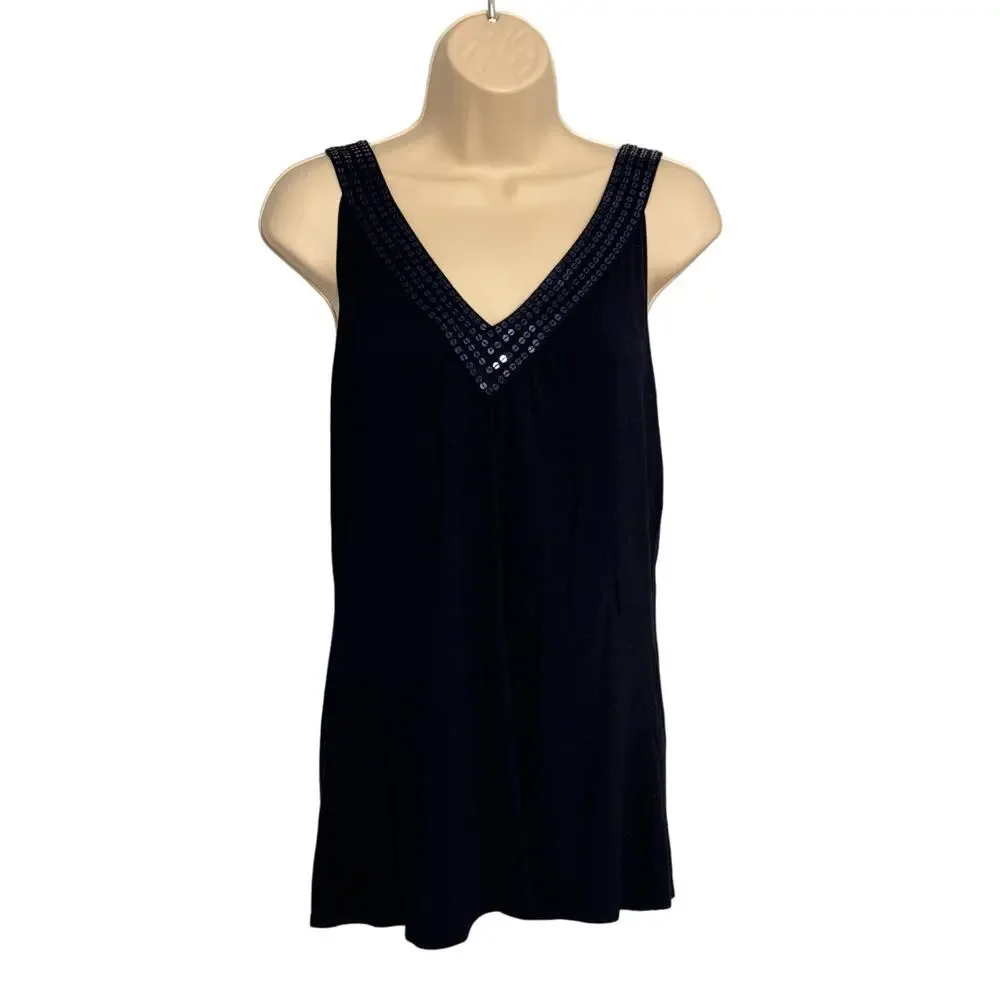 Michael Kors Navy Blue Sequin V-Neck Tank Top Sleeveless Blouse 25S8538V65 L
